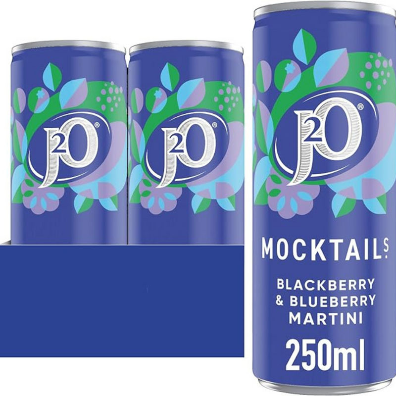 J2O Mocktail Blackberry and Blueberry Martini, 250ml Can (Pack of 12)